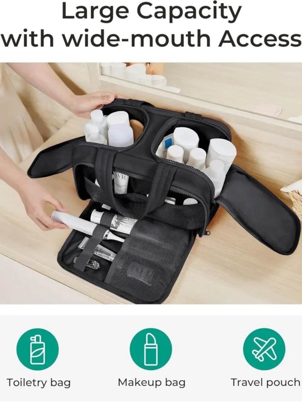 Lightweight Travel Toiletry Bag - Large Wide-Open Makeup Organizer with Handle